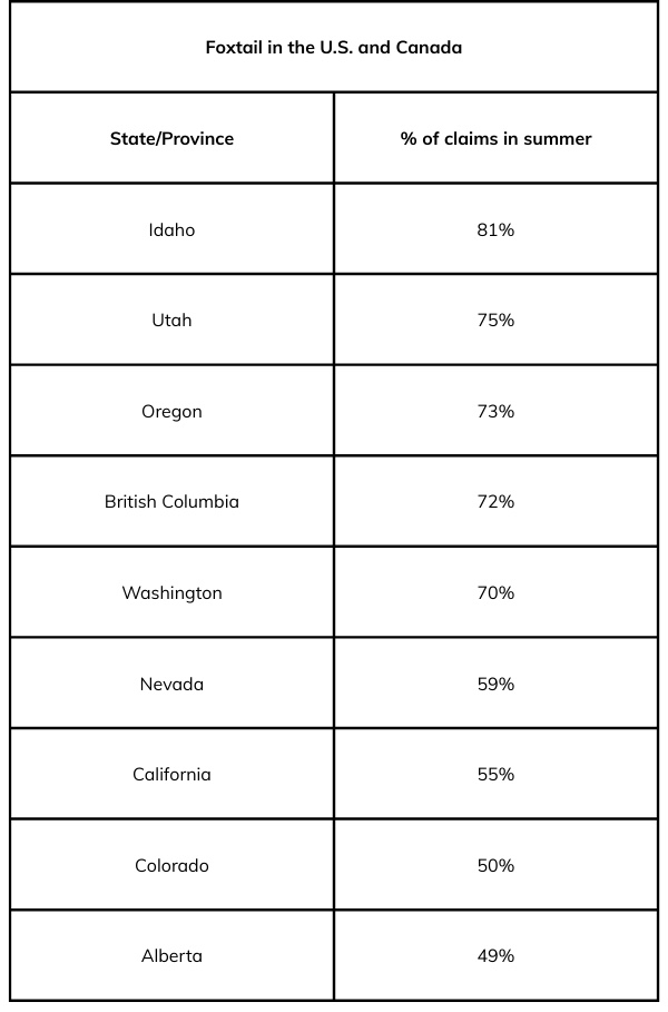 a chart showing the percent that foxtail claims increase in the summer in various states and provinces