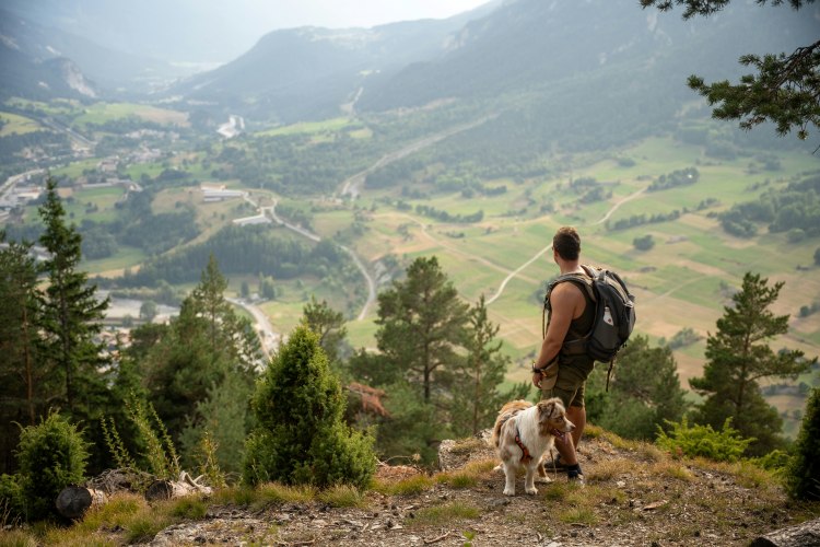 owner and dog hiking