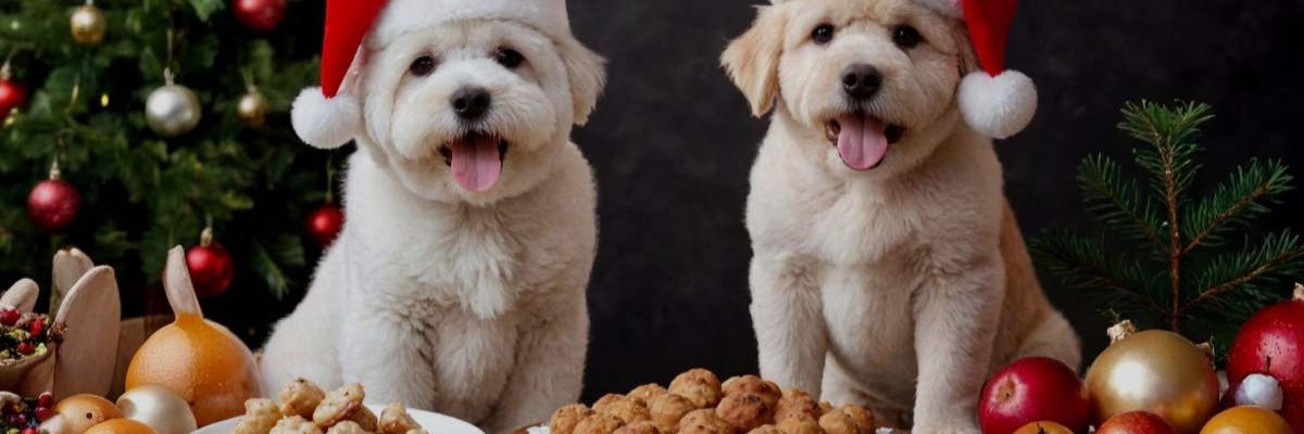 Two puppies wearing Santa hats.